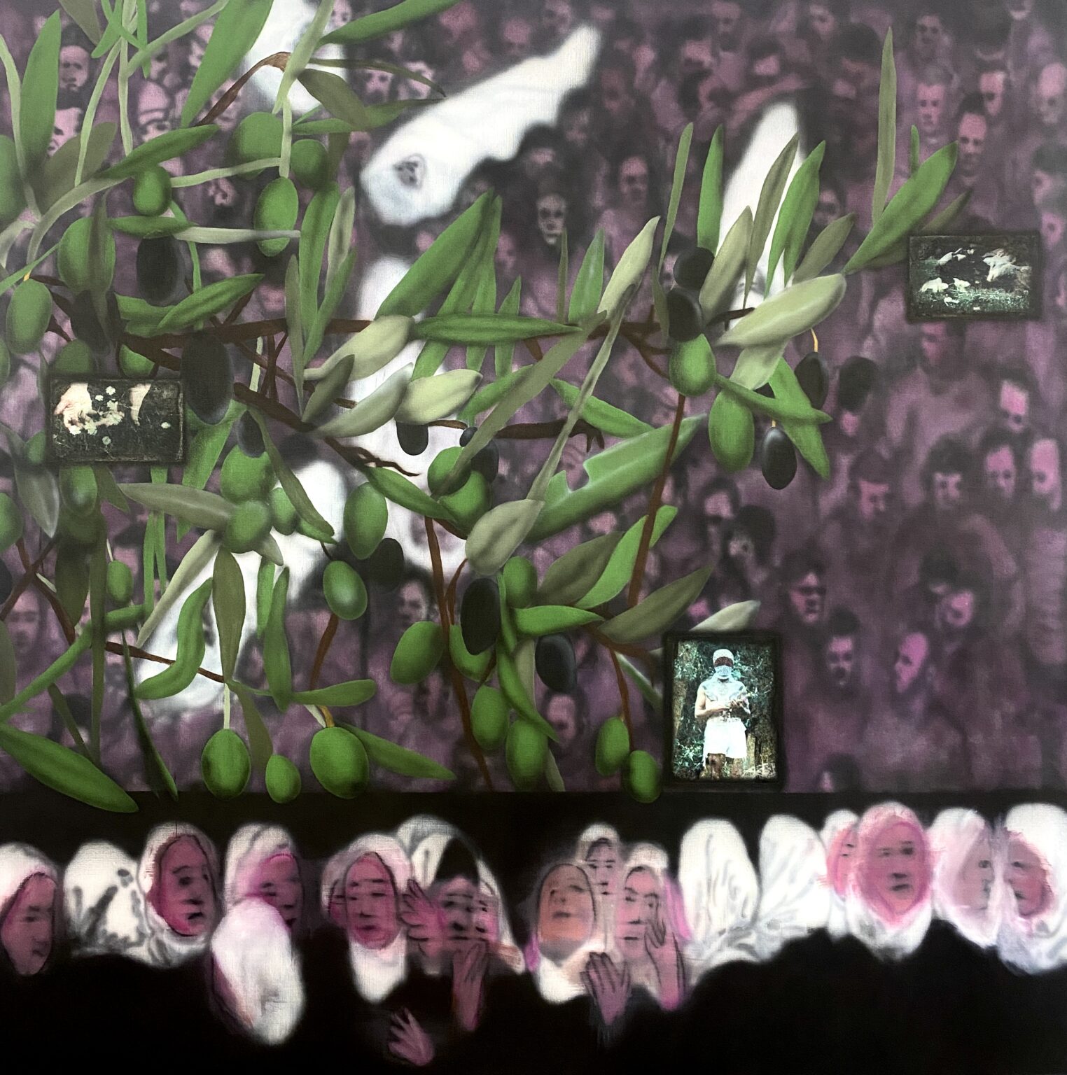 Unfair - The farewell,2025, acrylics, oil paint, oil pastels and pigment dye transfer on linen, 200x200cm, ahmad mallah